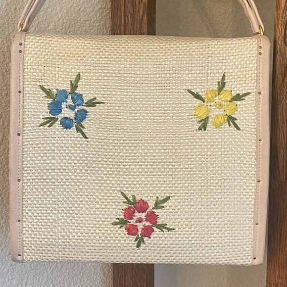 Vintage 1960s Floral Rafia Purse Beautiful Wood Sided Bag Please Read - Picture 4 of 16